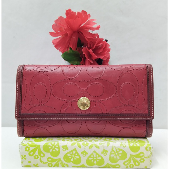 Coach Red Leather Credit Card ID Window Trifold Wallet - Vintage - Picture 1 of 14